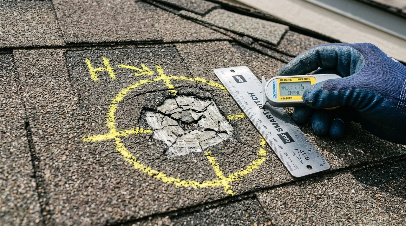 Hail Damage Shingle Inspection with Chalk Circle and Gauge in Westfield MA